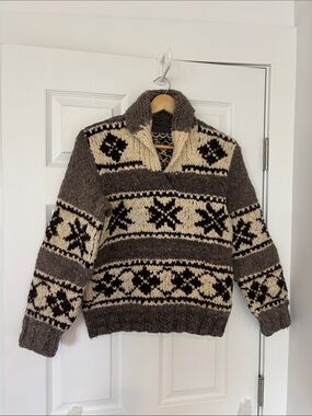 HANDKNIT vintage Cowichan style wool pullover sweater shawl collar grey brown sm